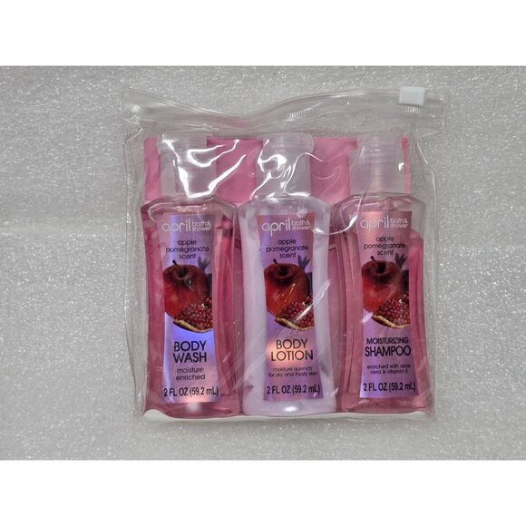 April Bath & Shower Apple Pomegranate Scent Travel Set Body Wash Lotion Shampoo - Picture 1 of 2